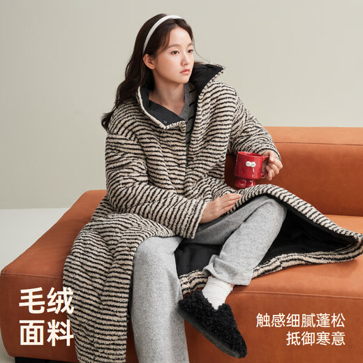 Anzhiban Super Warm Three-layer Cotton Couple Pajamas Nightgown Winter Thickened Coral Velvet Home Clothes Basic Black Women M