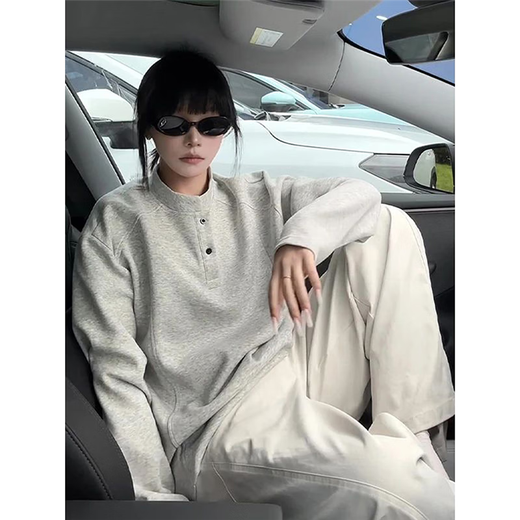 Jufeng black Henry collar American polo sweatshirt men's autumn deconstructed heavyweight long-sleeved t-shirt boxy inner layering shirt black upgraded model M 100-115Jin Jin equals 0.5 kg