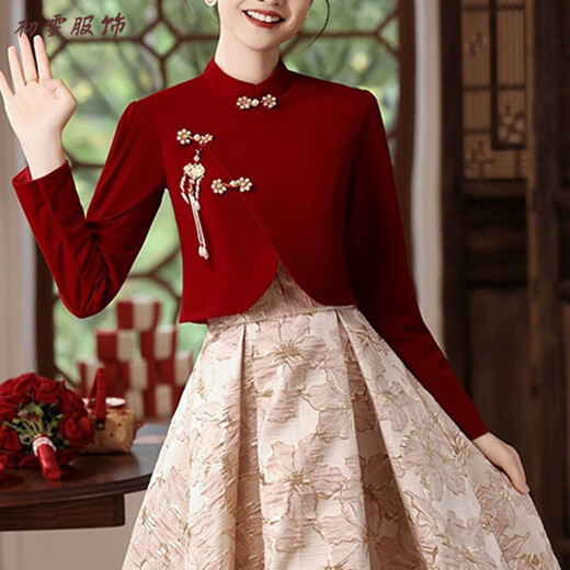 Meianjia new Chinese toasting dress bride's new red wedding engagement dress skirt women's winter long-sleeved winter wine red M