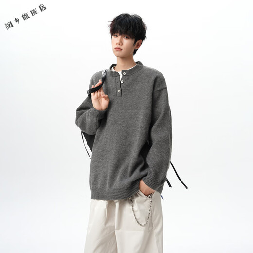 Yuexiang American Henry Collar Sweater Men's Autumn New Fashion Brand Large Size Loose Knitwear Casual Warm Inner Top Men Light Gray M