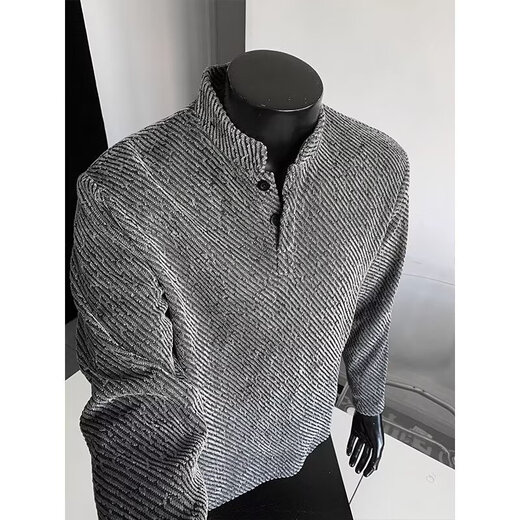 Diagonal striped Henry collar sweatshirt men's autumn heavyweight small fragrance polo shirt T-shirt American style inner layering shirt jacket black XL recommended 120-140Jin Jin equals 0.5 kg