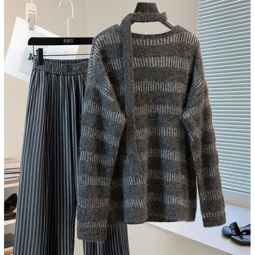 Cypress wool V-neck striped sweater for women 2025 autumn new style lazy style long-sleeved contrast top