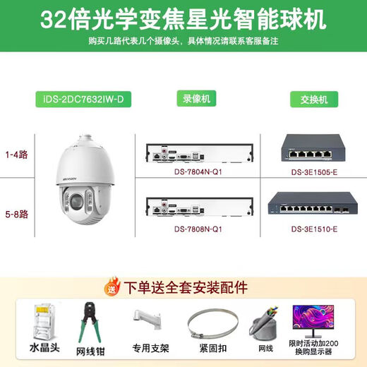 Hikvision long-distance high-magnification optical zoom camera, smart PTZ cruise, face capture, 7-inch dome camera, outdoor security monitoring multi-scene solution to solve mobile phone remote 32x optical zoom | 6 million-1 channel 3T hard drive (free upgrade to 4T)