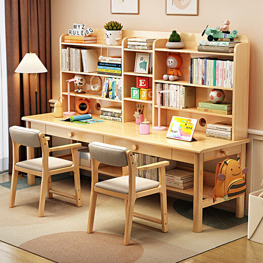 Huixun solid wood double desk bookshelf integrated study table wall long table home bedroom primary and secondary school students writing desk walnut color #double desk + bookshelf 160cm*60cm*75cm total height 155cm