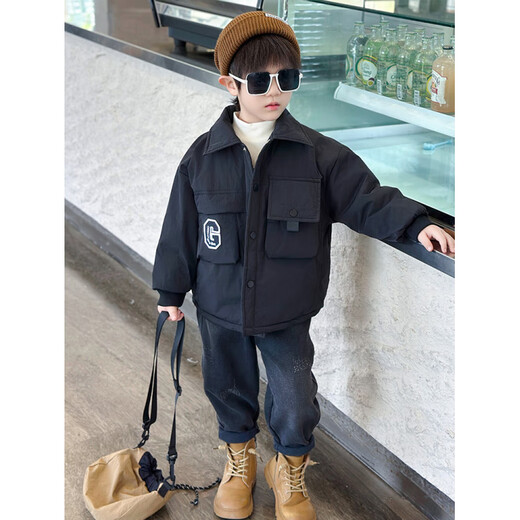 G.DUCKKIDS Boys' Cotton Jacket Autumn and Winter Thickened Handsome Little Boy Baby Padded Top Trendy and Cool Children's Work Jacket Black 120 cm Recommended height 110-120cm5-6 years old