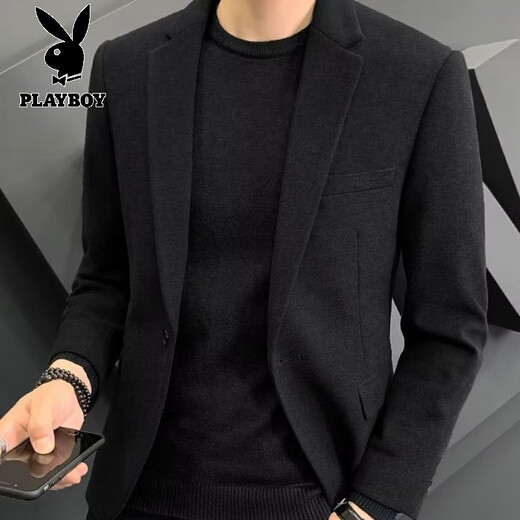 Playboy (PLAYBOY) woolen suit men's 2025 autumn and winter business sense slim trendy casual suit jacket men's black top + pants S