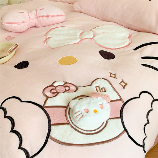 MUJI winter milk velvet appliqué embroidered four-piece set thickened double-sided velvet sheet quilt cover fitted sheet home dormitory warm kit cute cat-pink Class A baby velvet 1.8m bed sheet style four-piece set-quilt cover 200*230cm