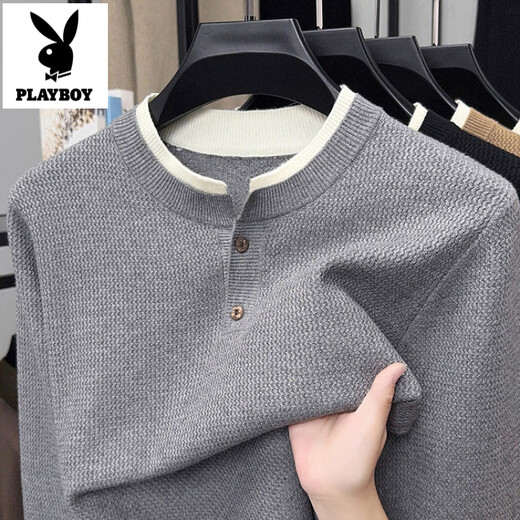 Playboy (PLAYBOY) high-end Henry collar sweater men's autumn new casual pullover button sweater with underlay shirt for men, light gray XL