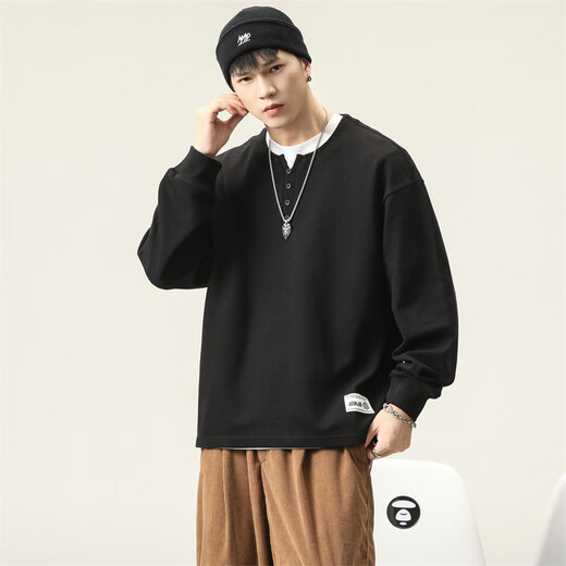 Kuraishi Kazuki autumn heavy cotton men's long-sleeved T-shirt loose large size American fashion brand casual Henry collar bottoming shirt sweatshirt black M suitable for 110-130Jin Jin equals 0.5 kg