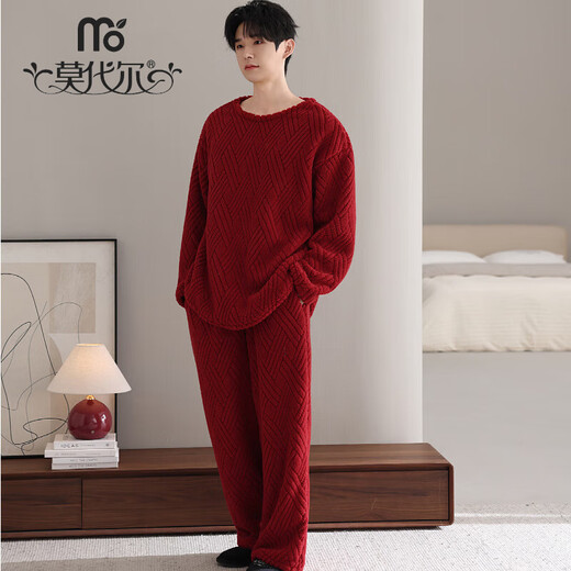Modal Couple Pajamas Zodiac Year Women's Red Coral Velvet Suit Winter Home Clothes Men's Thickened Festive Wedding Suit Red + Male (With Pocket) M (80-100Jin Jin equals 0.5kg)
