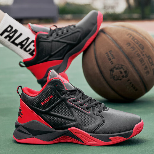 【高帮篮球鞋】男秋季百搭高帮运动篮球鞋青少年减震防滑跑步鞋 黑红 【皮面防水】 42 (260mm)