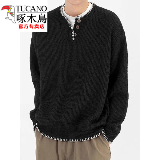 Woodpecker (TUCANO) American retro design casual Henry collar sweater for men and women loose autumn couple lazy pullover top black high quality M
