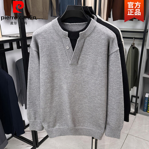 Pierre Cardin Henry collar sweater men's fashion loose fake two-piece pullover sweater autumn and winter casual thickened bottoming shirt light gray XL