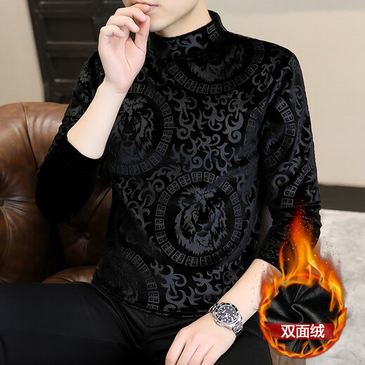 NUKM金丝绒男士长袖T恤秋冬季半高领打底衫潮流帅气潮保暖加绒加厚潮 黑色 2XL 135-150斤左右