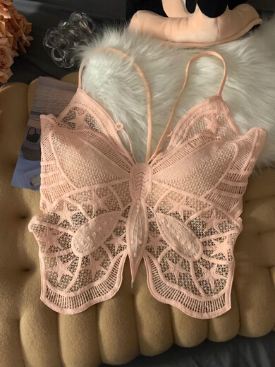 CLCEY Sexy Tube Top Butterfly Design Camisole Women's Padded Beautiful Back Bra Integrated Underwear Lace Top White M