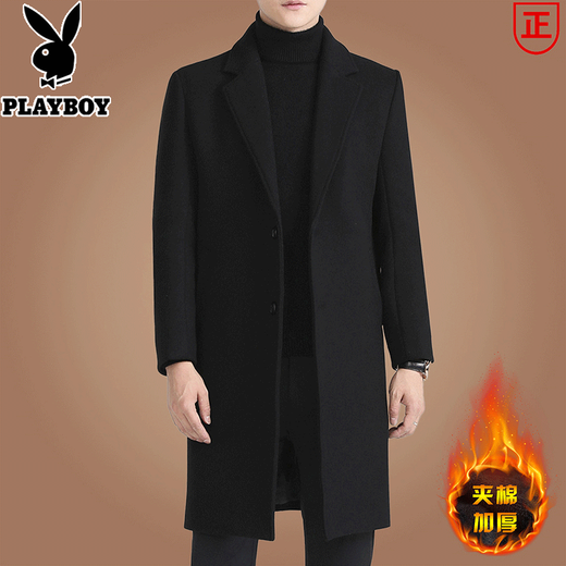 Playboy (PLAYBOY) 2025 woolen coat men's mid-length Korean style casual windbreaker for young and middle-aged people winter thickened woolen coat black XL recommended weight 140-155Jin Jin equals 0.5 kg