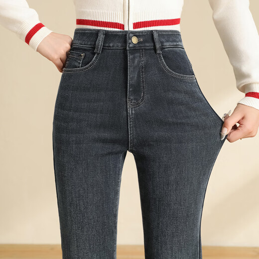 Every time micro-flared jeans for women 2025 autumn and winter plus velvet high waist slimming plus velvet high elastic slim flared pants 2567 blue L