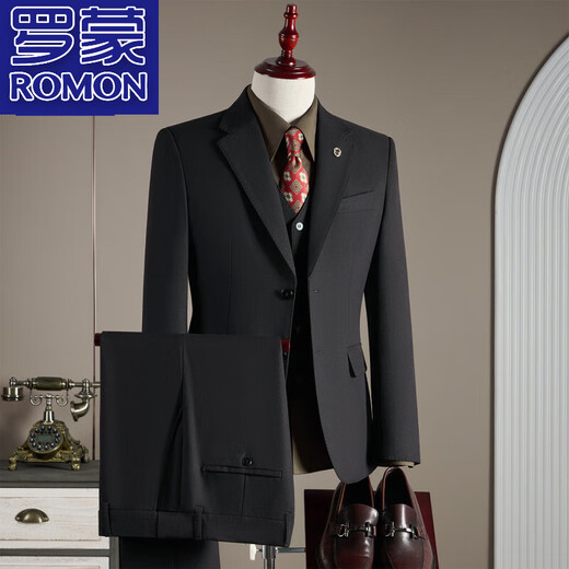 ROMON high-end wool suit men's no-iron groom's wedding dress British business formal small suit men's jacket black three-piece suit top + pants + vest 3XL 56 148-160Jin Jin equals 0.5 kg to wear