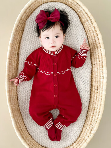 WONST baby clothes, autumn and winter knitted jumpsuit, baby girl one month old, red sweater for one hundred days, burgundy jumpsuit, model headband and socks not included, 59cm #recommendation 5-10Jin Jin is equal to about 0.5kg#