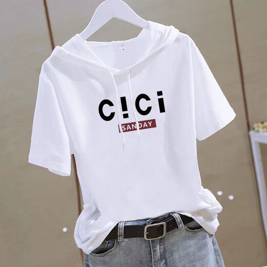 Hooded T-shirt for women 2025 short-sleeved summer loose half-sleeved casual slimming and age-reducing fashionable sweatshirt for women white T-shirt trendy white-baseball cap M 90Jin Jin equals 0.5kg to wear below