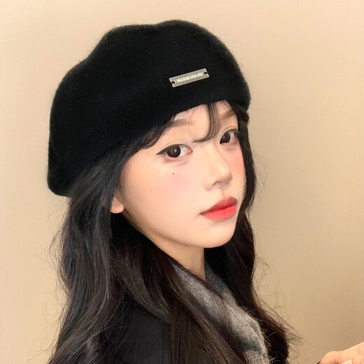 Yanyun black woolen forward hat for women spring and autumn Korean style all-match face-showing small reverse beret big head circumference painter hat black one size
