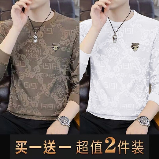 Sannan sweatshirt men's autumn and winter thickened round neck long-sleeved T-shirt bottoming shirt men's jacquard casual inner wear warm bottoming shirt Khaki + blue regular two-piece XL