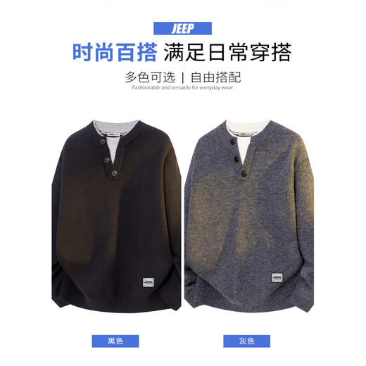 Jeep fake two-piece black sweater men's autumn and winter trendy brand thickened and warm Henry collar sweater black _ Official authentic M _ Recommendation _100-120Jin Jin equals 0.5 kg