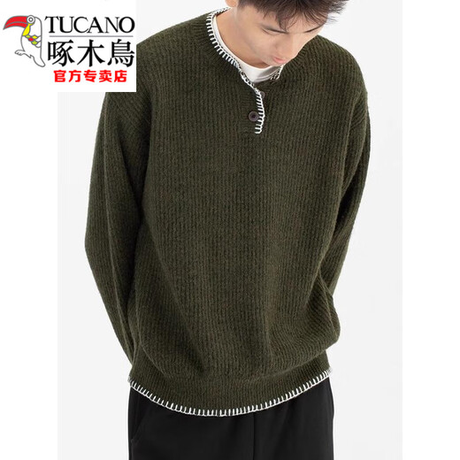 Woodpecker (TUCANO) American retro design casual Henry collar sweater for men and women loose autumn couple lazy pullover top black high quality M