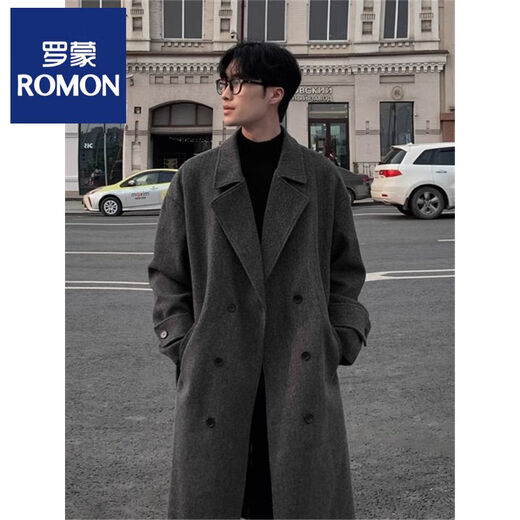 ROMON Belt Tie Mid-Length Woolen Coat Men's Knee-Level Loose Winter Thickened Korean Woolen Windbreaker Jacket Trend Black Counter Genuine 3XL Recommended 180-210Jin Jin is equal to 0.5 kg