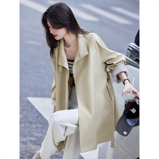 Awakening Paradise Autumn Fashion Mid-Length British Korean Style Loose Temperament Coat Jacket Windbreaker Women Khaki S