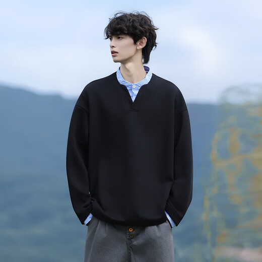 Dingfengbaoluo sweatshirt men's spring American casual fake two-piece loose retro shirt collar top DP02 ultimate black 3XL