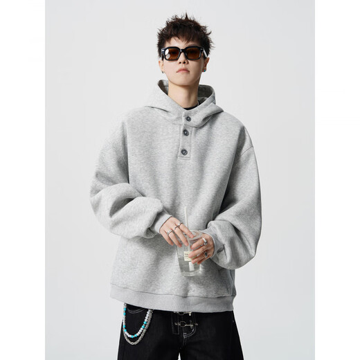 OEMG Henley Collar Hoodie Sweatshirt Men's Autumn High-end Fashion Brand Loose Casual Top Heavy Versatile Jacket Gray 3XL