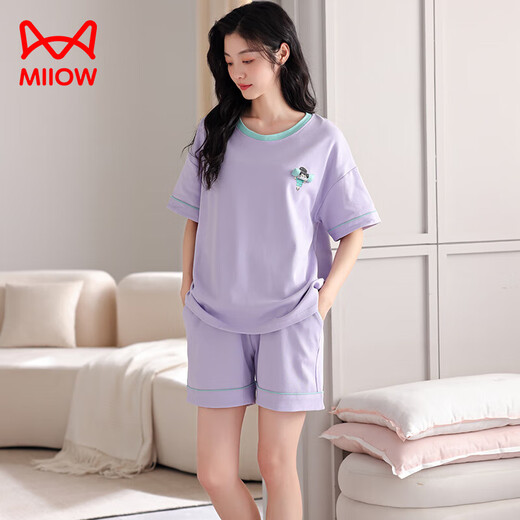 猫人睡衣女柔软舒适透气纯棉家居服宽松休闲短袖套装 货号：GH-14105 M 推荐体重80-100斤