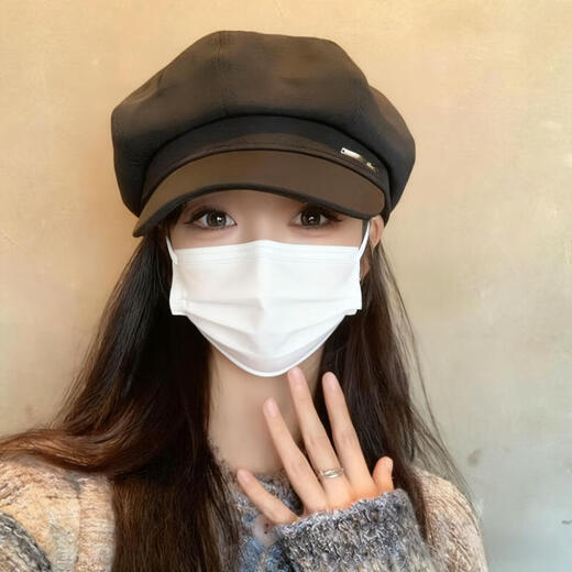 Bo Na Ling beret women's autumn and winter octagonal hat versatile black big head circumference showing face small retro duck tongue newsboy hat metal label beret black