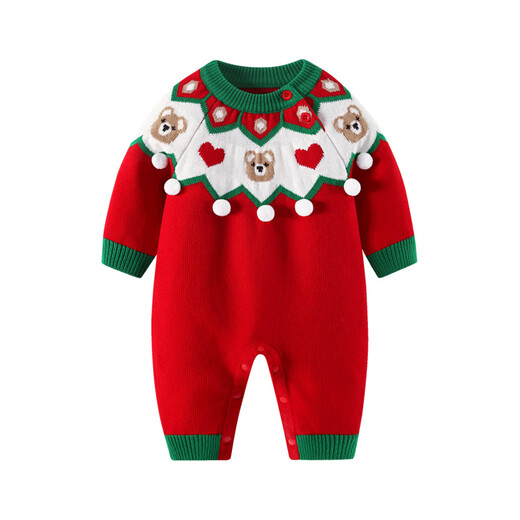 BORBOON B baby plus velvet knitted sweater baby boy jumpsuit autumn and winter small month old New Year's greetings clothes romper winter clothes for women red 7633 80cm