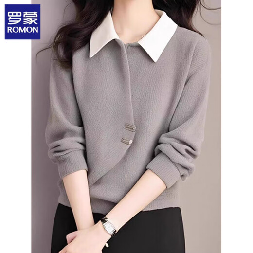 ROMON fake two-piece corduroy thickened shirt for women in autumn and winter fashion contrasting color atmosphere loose casual Polo collar top light gray L suitable for 100-110Jin Jin equals 0.5 kg