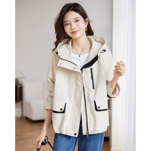 TERRE BLEUE fashionable versatile jacket for women 2025 autumn new age-reducing hooded cardigan windbreaker beige M