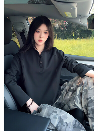 QGF American Henry collar long-sleeved sweatshirt men's autumn shoulder heavy polo light gray top shirt base coat light gray XL recommended 110-130Jin Jin equals 0.5 kg