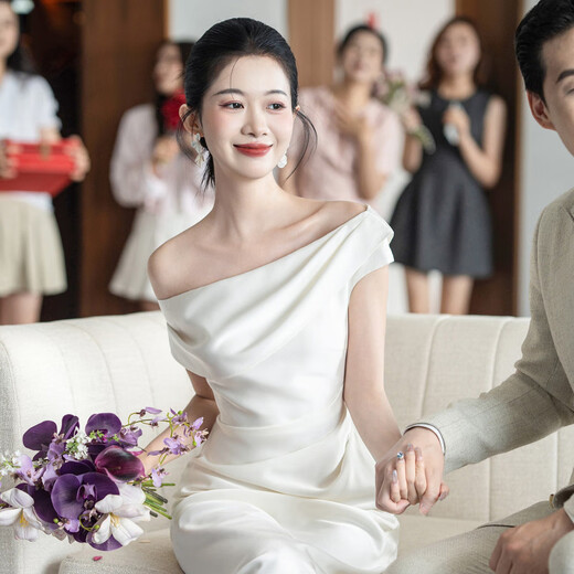 Jane Deiune French light wedding dress other shoulder engagement dress 2025 new style light dress certificate registration small white skirt female white M