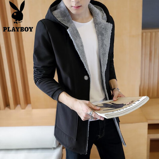 花花公子（PLAYBOY）加绒风衣男士外套夹克中长款连帽棉衣加厚大衣韩版潮流袄子秋冬装 蓝色扣子款 加绒 6XL 190-215斤
