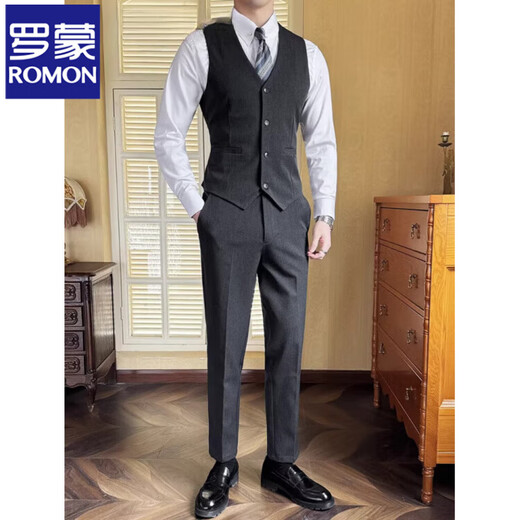 ROMON Haute Couture Suit Vest Men's Suit Korean Slim Solid Color Work Wear Vest Wedding Groomsmen Clothing Brother's Outfit Dark Gray (Single Vest) Free Bow Tie 2XL