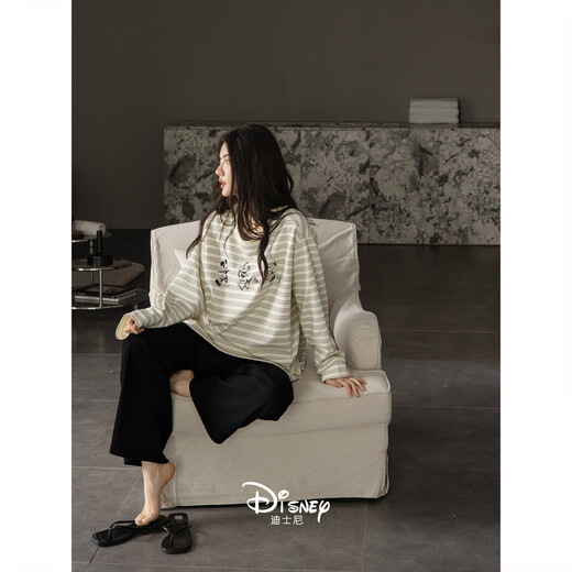 Beiyan couple pajamas for men and women new spring and autumn soft cotton long-sleeved large size suit cartoon striped home clothes can be worn outside C20967 Women's L