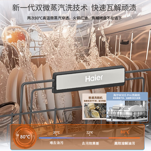 Haier Dual Micro Steam Washer W30SPro 18 sets of built-in household dishwashers, large capacity, maternal and child level sterilization, one-button single disinfection, smart door opening, quick drying, 20% national supplement, dual micro steam cleaner, EYBW18586GHU1, piano black