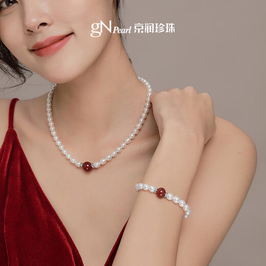 Jingrun Pearl Necklace Estee 925 Silver Freshwater Pearl Necklace 7-8mm Nearly Round Full Bead Chain Birthday Gift 6.3-7.3mm 45+3cm Red Agate