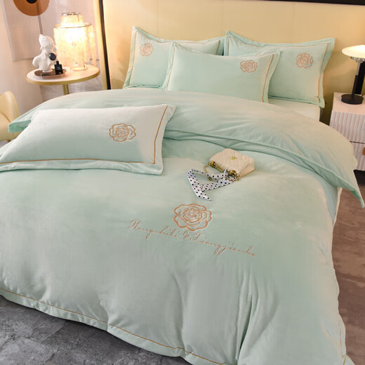 Fuanna Class A thickened baby milk velvet four-piece set embroidered coral velvet quilt cover winter warm flannel Class A baby velvet-Camellia Orange bed sheet style 1.5 four-piece set quilt cover 2.0*2.3