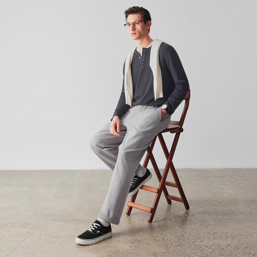 By Creations Machine washable Perpin 14-needle Henry collar cardigan men's autumn and winter business easy-care warm pullover sweater dark gray L