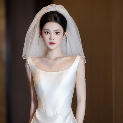 ROAR UTHAUG white imitation pearl double layer short fluffy wedding veil photo props bride wedding certificate veil white new short pearl veil