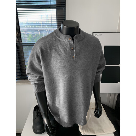 QGF Henry collar gray cleanfit sweater men's autumn lazy style polo sweater American sweatshirt jacket light gray XL recommended 110-130Jin Jin equals 0.5 kg