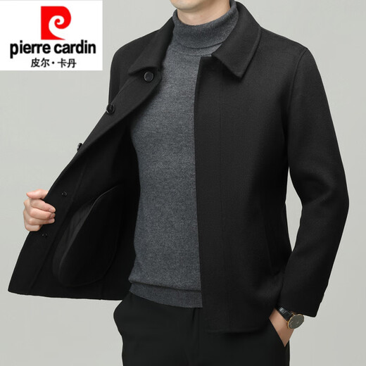 Pierre Cardin high-end 100% wool jacket coat men's lapel autumn and winter new goose down lining thickened double-sided woolen coat black removable goose down lining 2XL 185