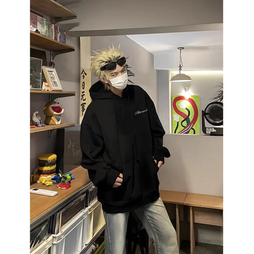 Mo Xiaodao Heavyweight American Black Hooded Sweatshirt Men's Autumn and Winter New Plus Velvet Loose Retro Versatile Jacket Clothes Winter Clothes Black Velvet High Quality L Recommended 100-120 Jin Jin equals 0.5 kg